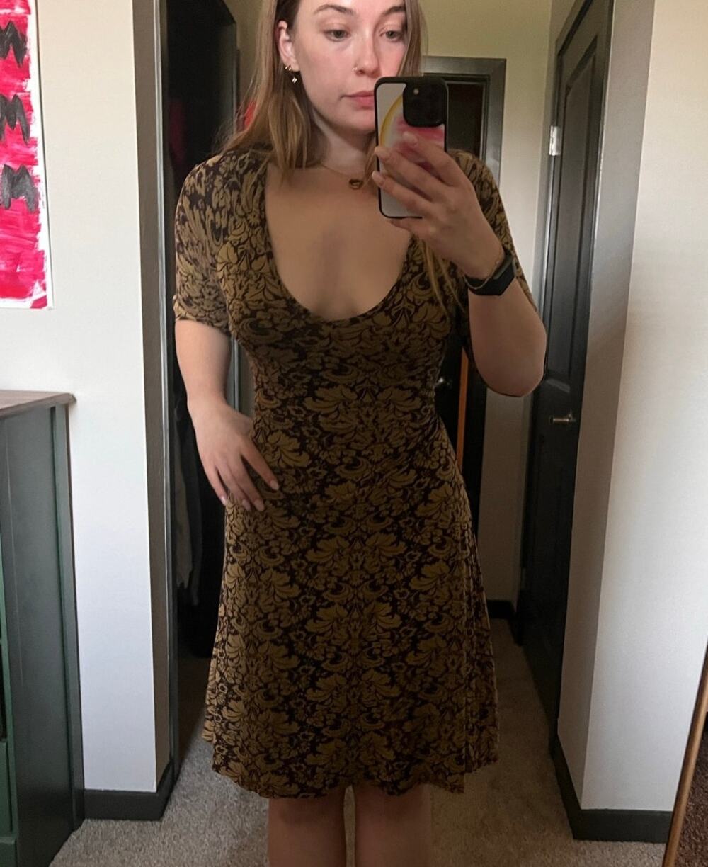Athleta Chandra A-Line Dress M Olive Gold Damask Paisley Brocade Y2K